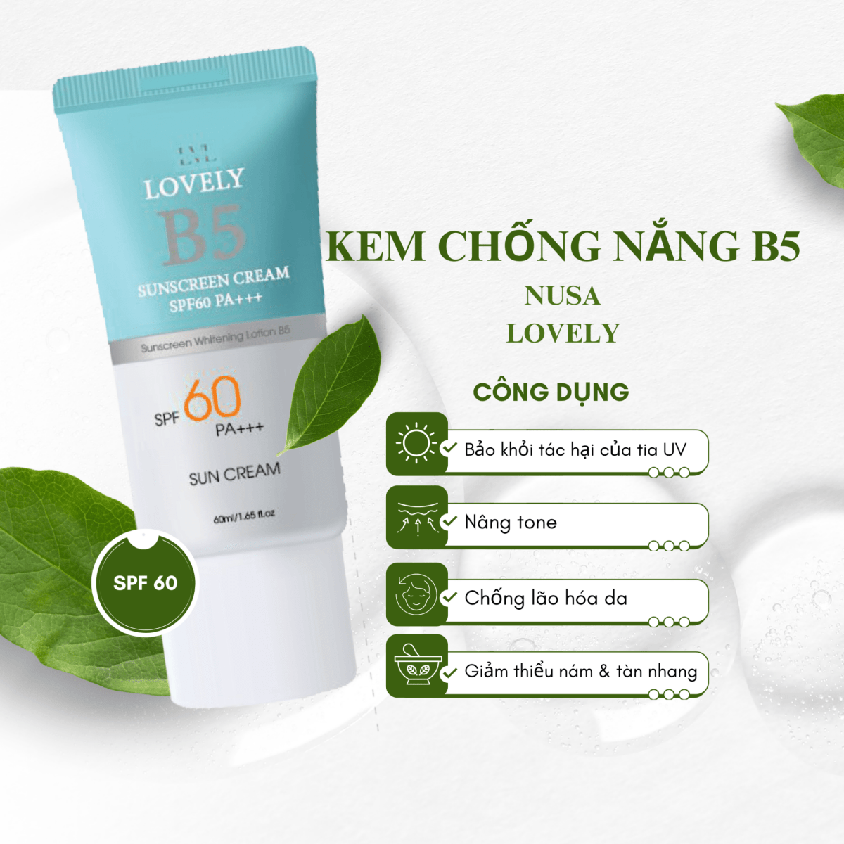Kem Chống Nắng Nâng Tone Kem Trắng B5 Lovely SPF60 PA+++ 60ml.. - Nusa Lovely Việt Nam